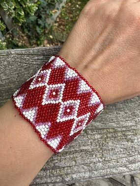 Red White Pink Loomed Glass Seed Beaded Geometric Bracelet - Southwestern Style